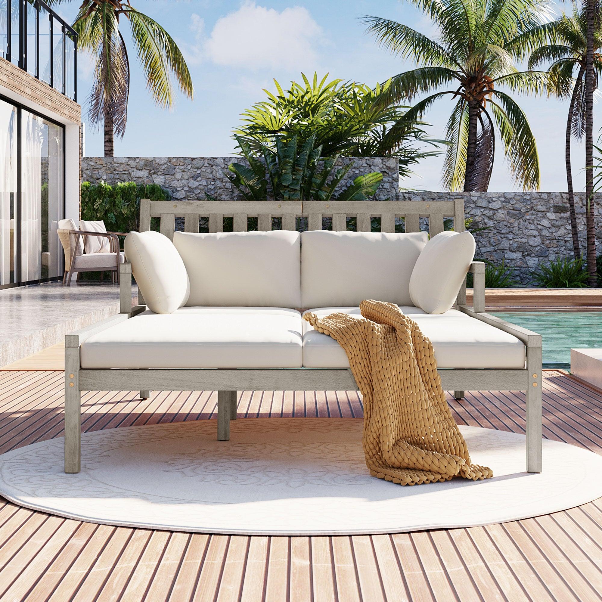 Outdoor Daybed, Patio Daybed with Four Pillows, Wooden Outdoor Bed with Curved Armrests for Poolside, Backyard, Garden