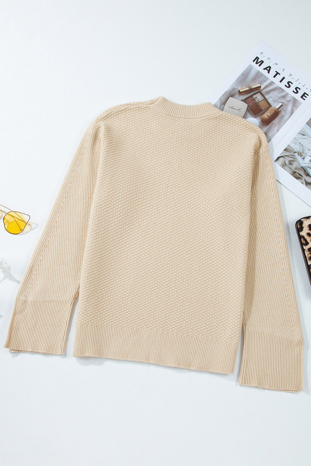 Parchment Knit Women's Top with Solid Textured Design and Split Cuff Drop Shoulder
