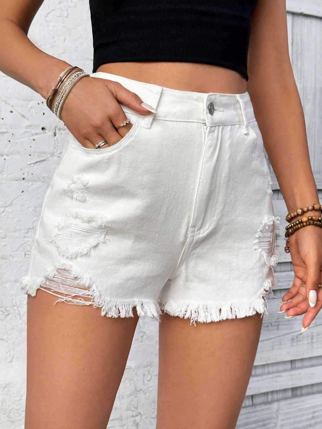 Distressed High Rise Denim Shorts with Raw Hem