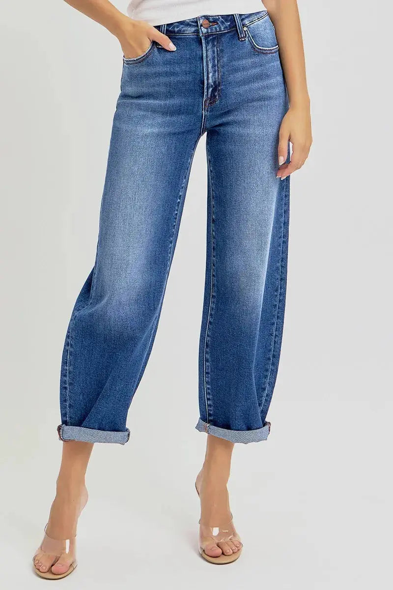 RISEN Jeans - Full/Plus Size High Rise Crop Mild Barrel Jeans