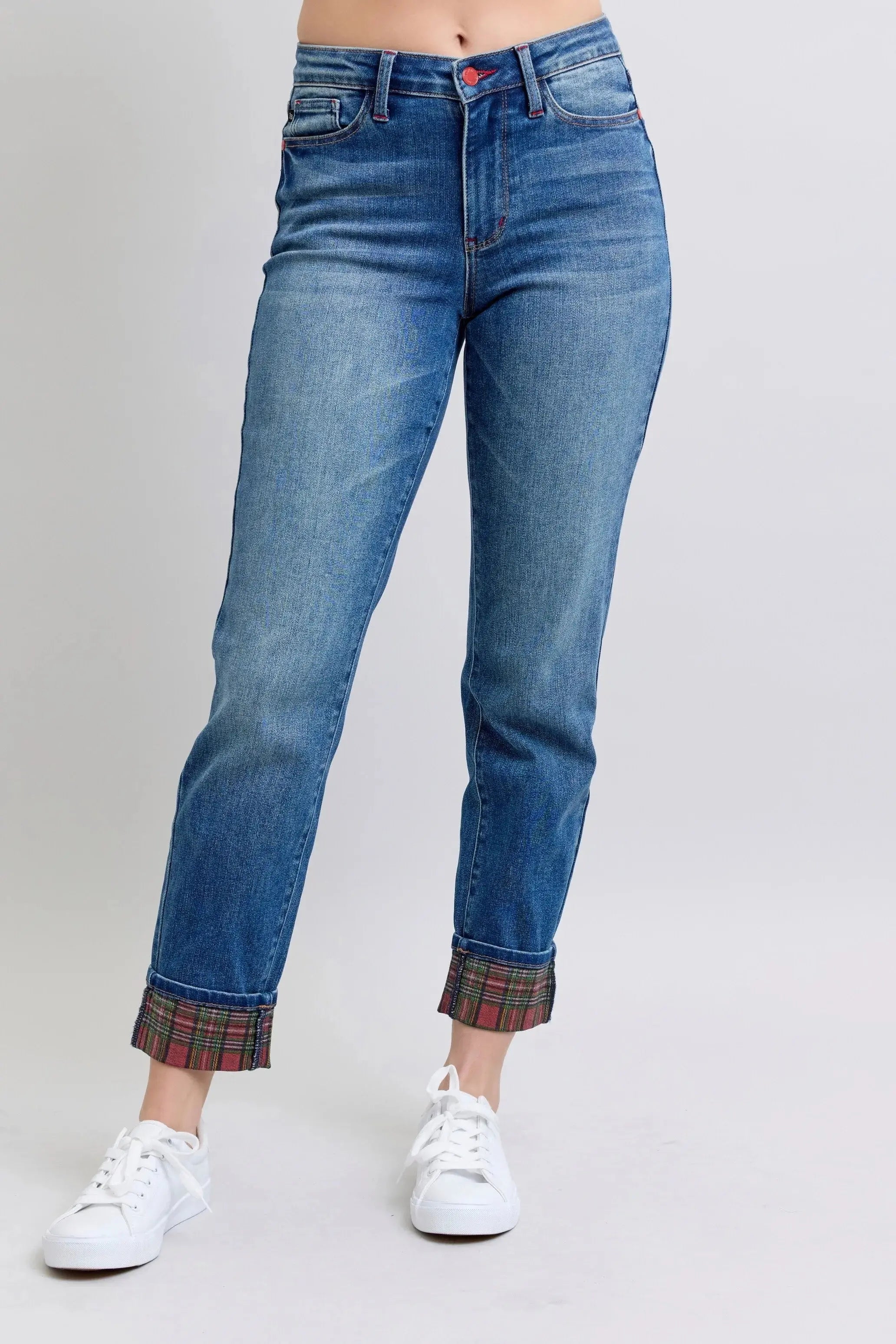 Plaid Cuff Boyfriend Judy Blue Jeans – Mid Rise Straight Leg