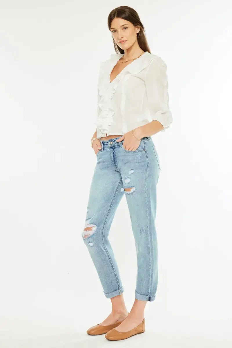 Mid Rise Distressed Kancan Boyfriend Jeans - Light Wash