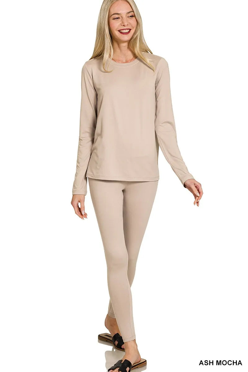 Zenana Microfiber Round Neck Top and Leggings Set in Mocha