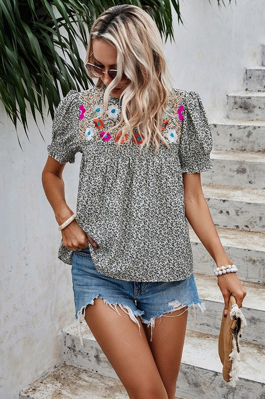 Floral Puff Sleeve Loose Fit Ruffle Blouse