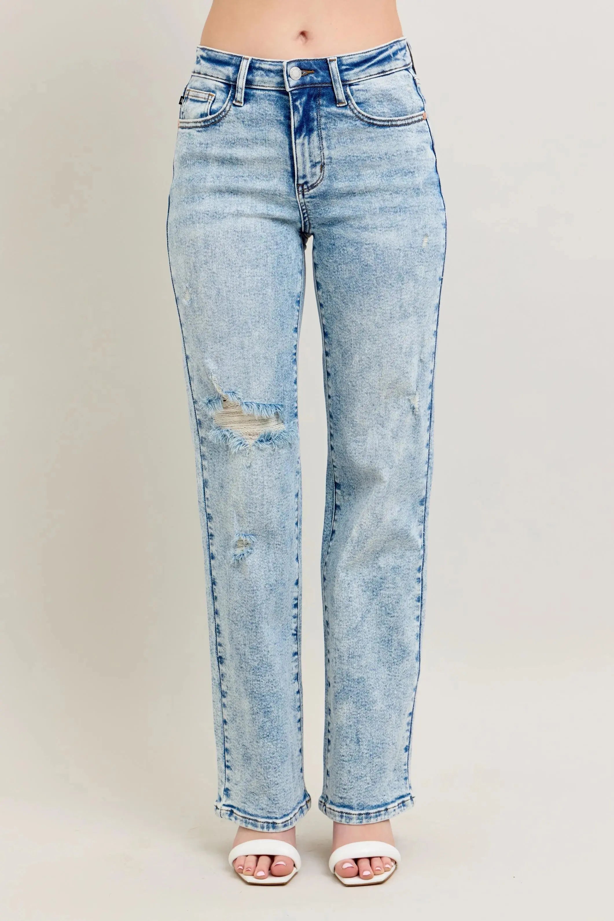 Full Size High Waist Mineral Wash Destroy 90's Straight Leg Judy Blue Jeans