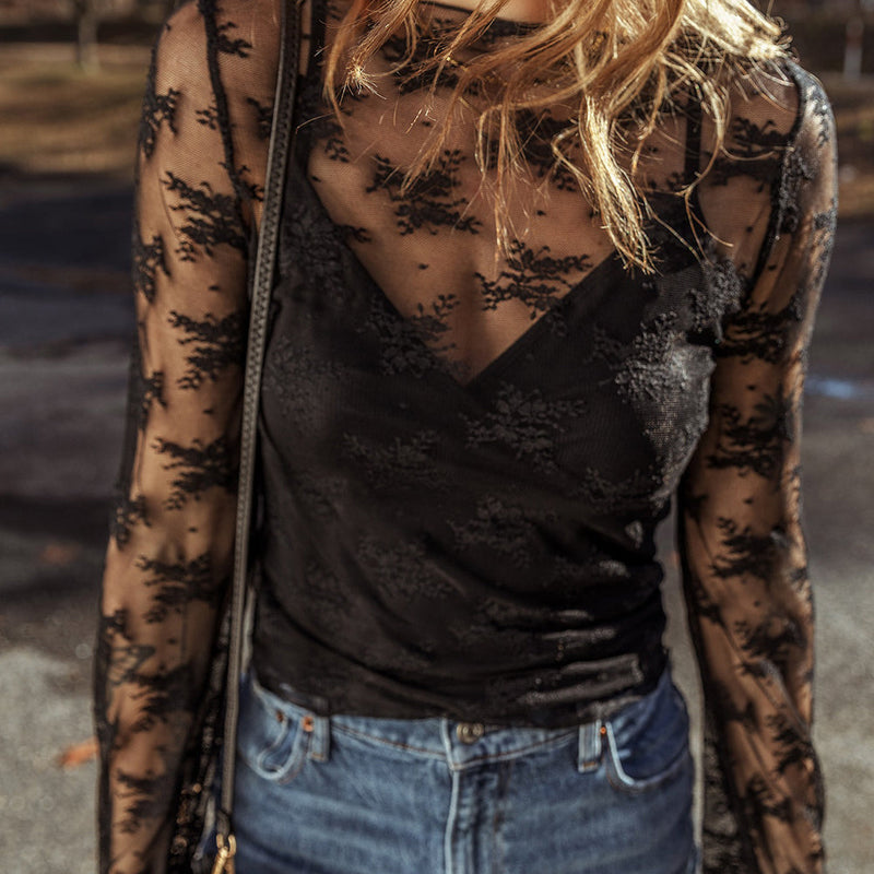 Lace Mesh Crochet Long Sleeve Blouse