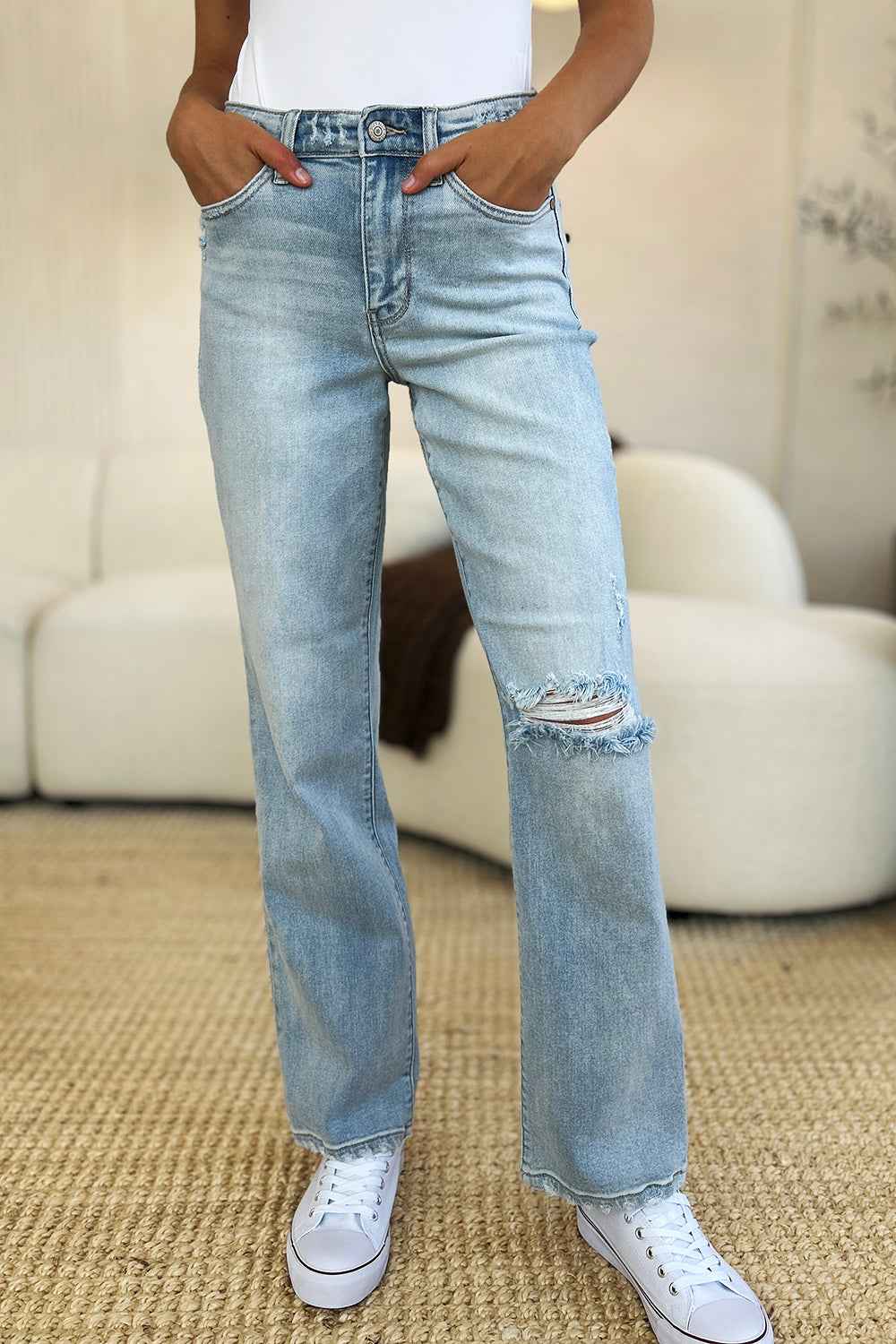 Judy Blue High Waist Distressed Jeans - Women's Jeans Full Size Straight Denim
