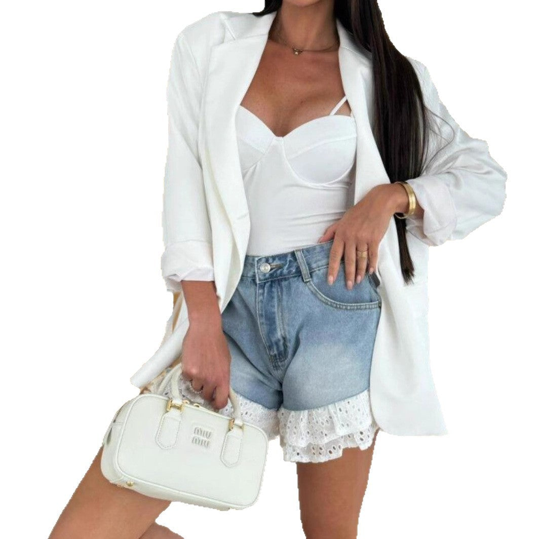 European and American Style Straight Jeans Splicing Lace Women's Shorts Summer Loose Slimming Straight Sexy Women's Shorts