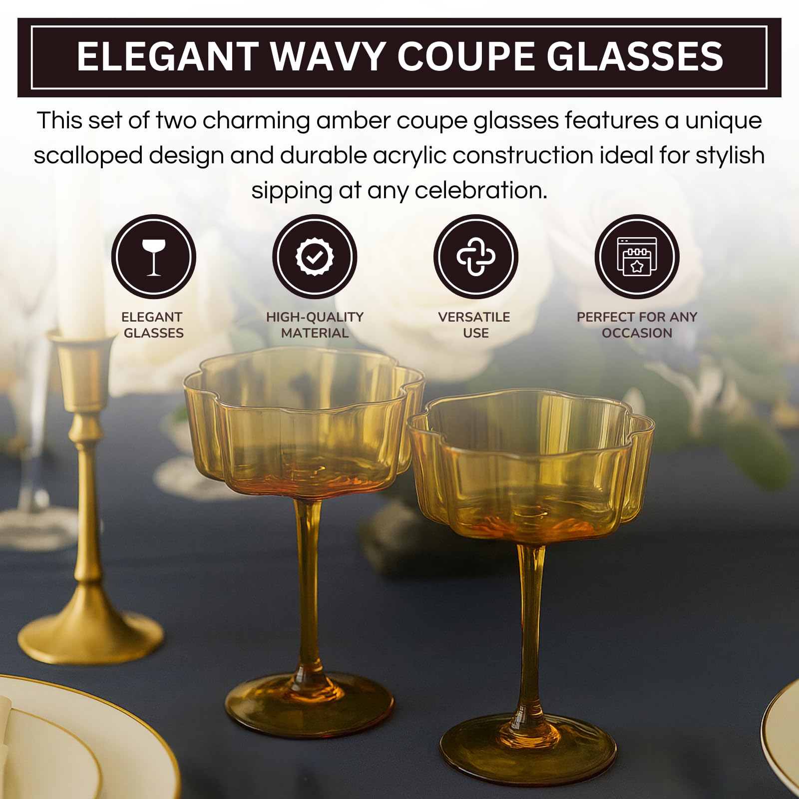 Flower Wave Coupe Cocktail Colored Glasses | Set of 2 | Amber