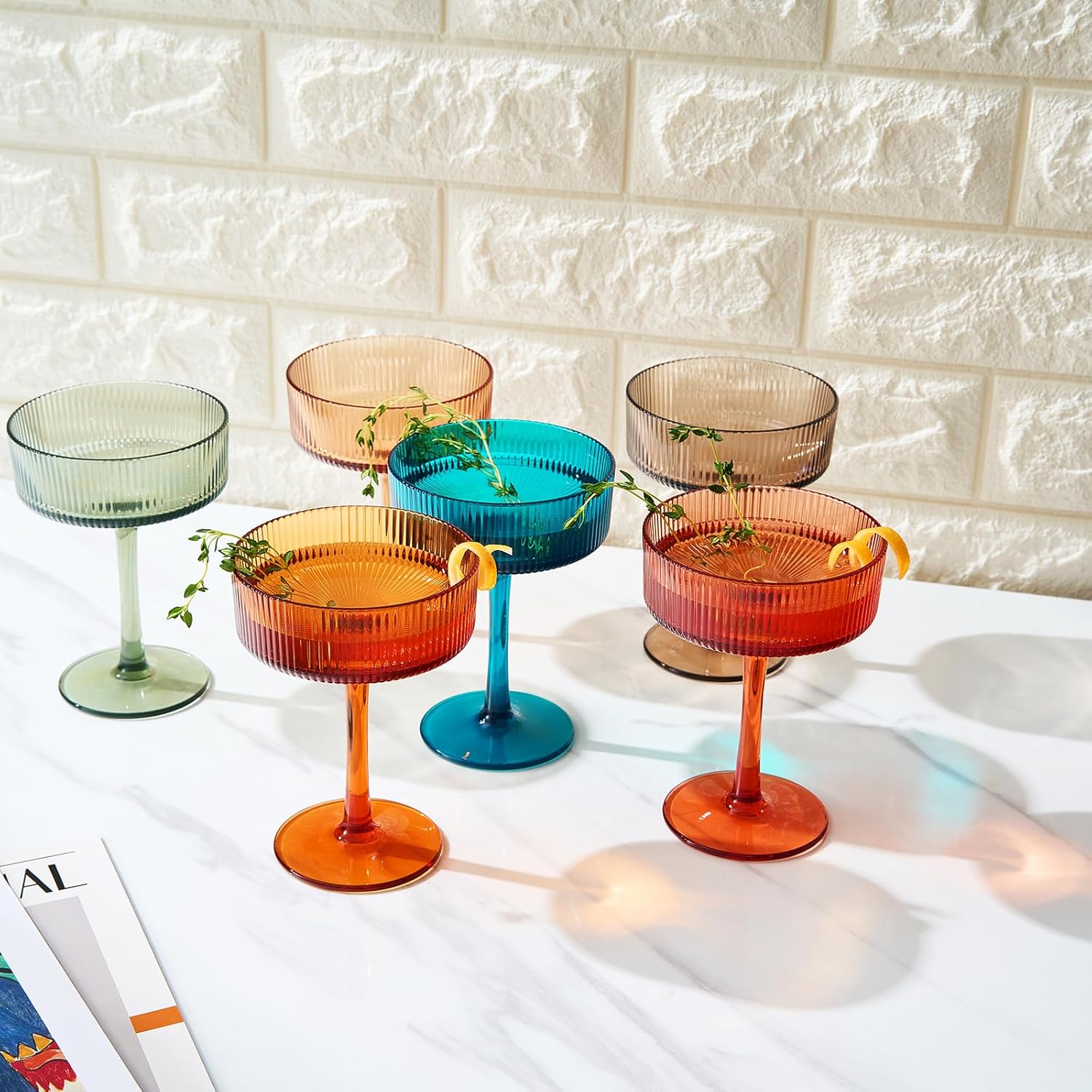 Shatterproof Acrylic Ribbed Vintage Art Deco Martini, Champagne & Cocktail Muted Color Plastic Tritan Coupe Glasses | Set of 6 | 8 oz Ripple Glassware Classic Cocktail Indoor & Outdoor, European Style