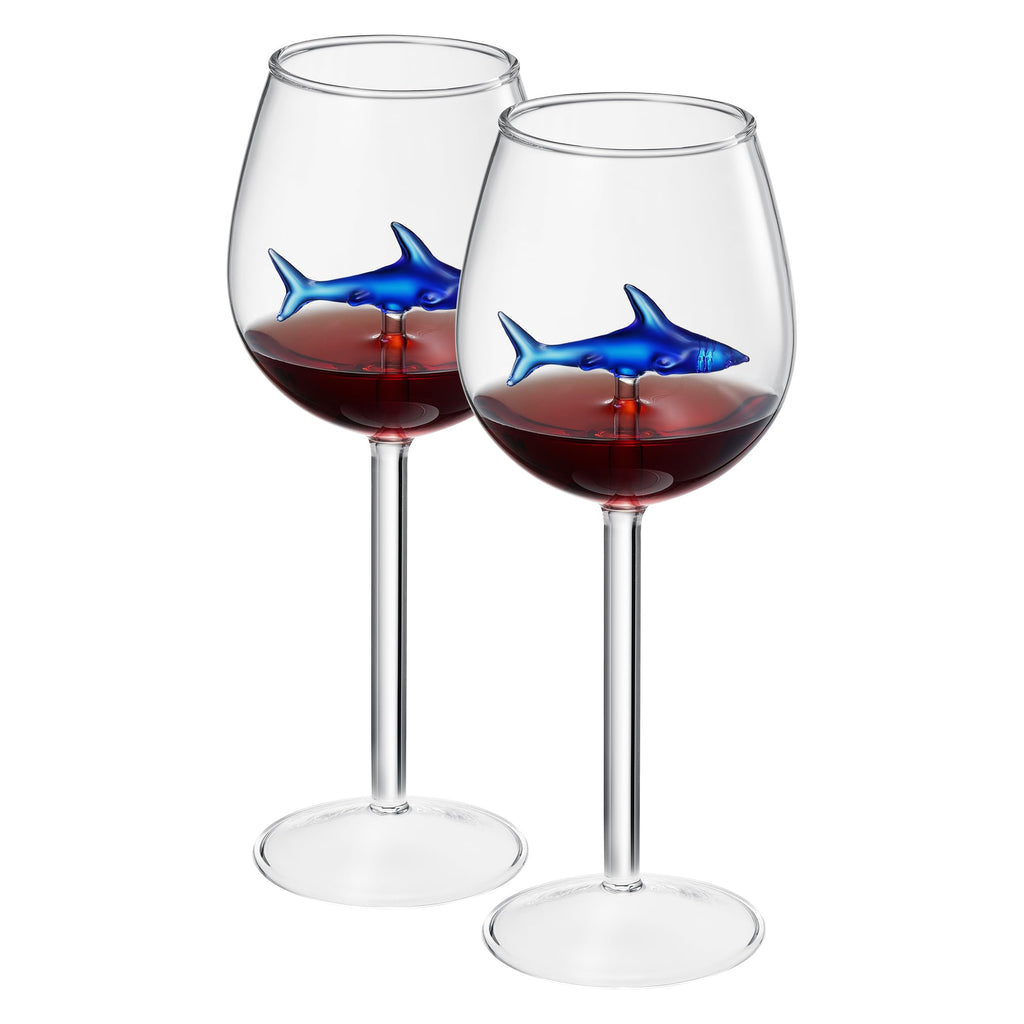 Shark-Inspired Wine Glasses Set of 2 – 13oz Stemmed Red & White Wine Glass with 3D Shark Inside – Unique Glassware Gift for Men, Dad, or Host