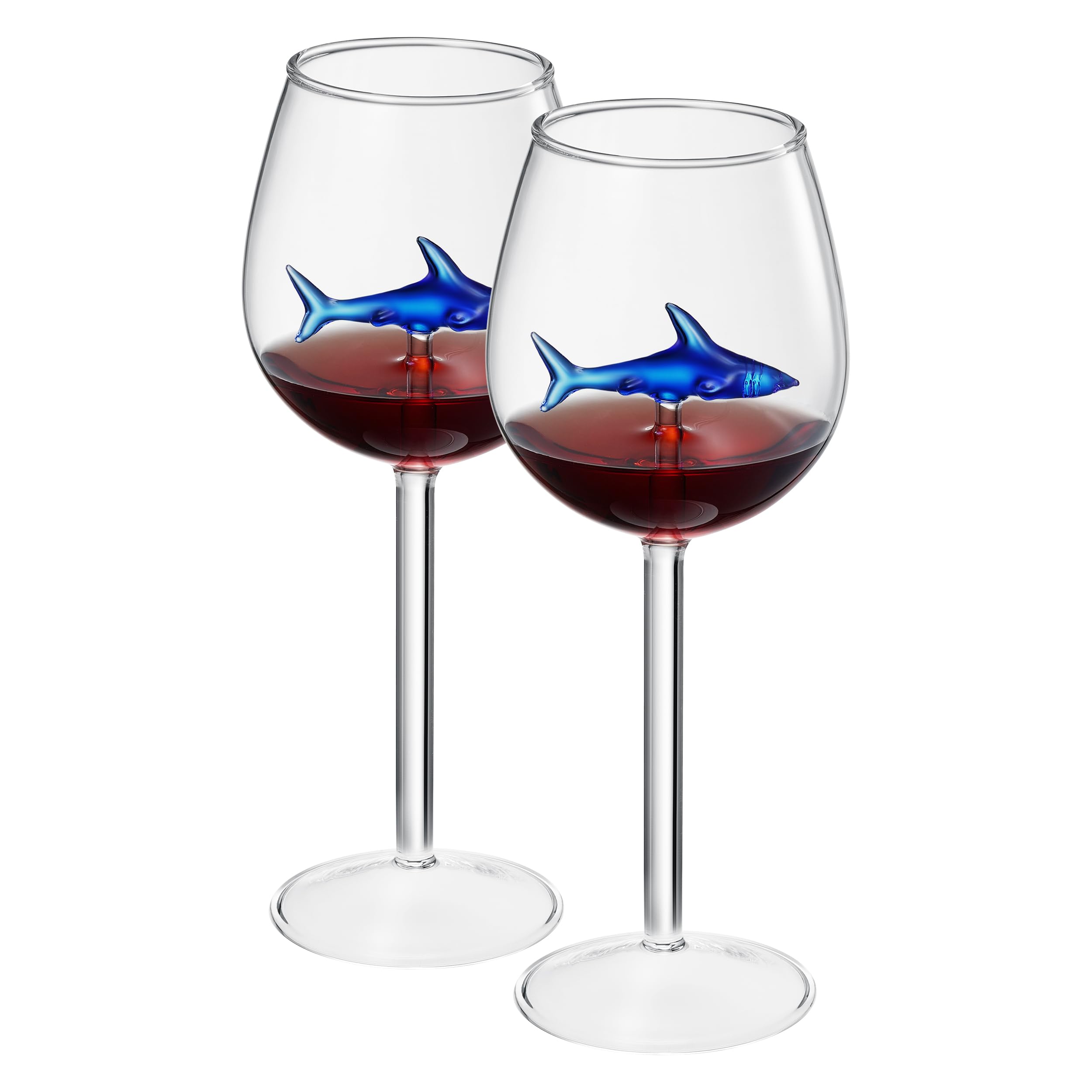Shark-Inspired Wine Glasses Set of 2 – 13oz Stemmed Red & White Wine Glass with 3D Shark Inside – Unique Glassware Gift for Men, Dad, or Host
