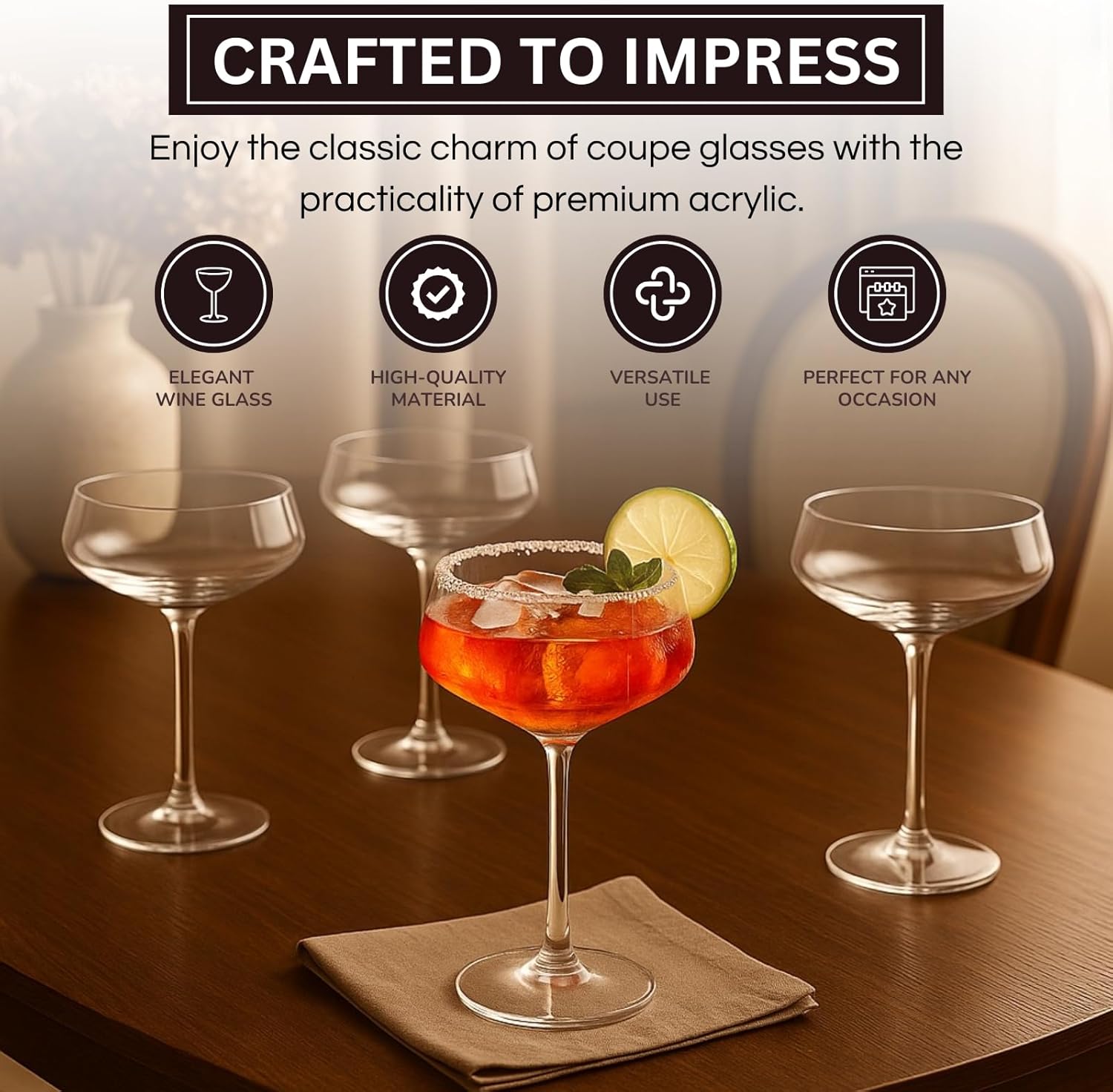 Khen Acrylic Coupe Glasses – Set of 4 Stemmed 8 oz Clear Cocktail Glasses – Durable, Shatterproof Drinkware for Martinis, Champagne, Cocktails & More – Elegant Reusable Barware