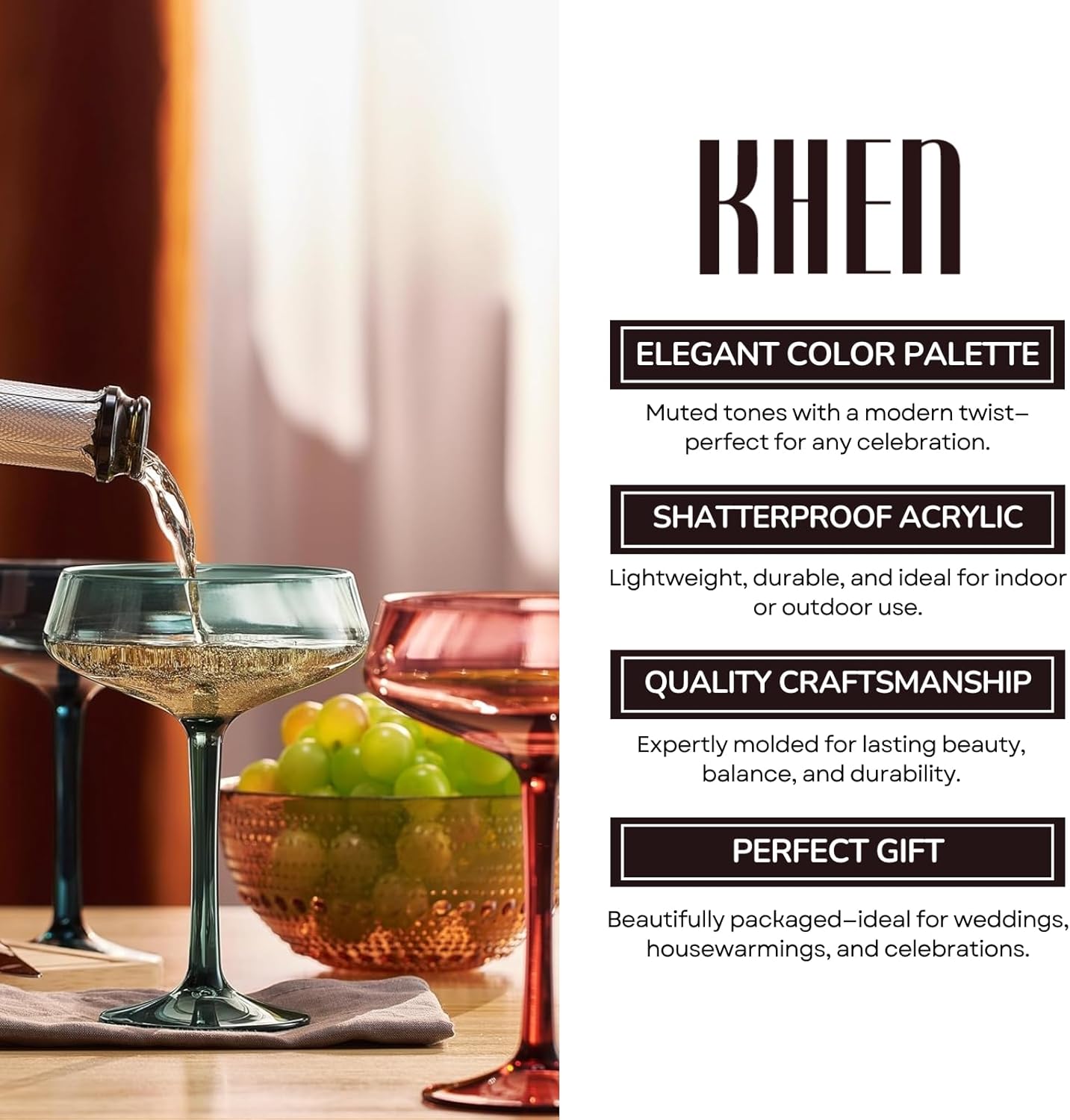 Khen Colored Acrylic Coupe Glasses – Set of 4 Stemmed 8 oz Cocktail Glasses in Muted Tones – Shatterproof, Reusable Drinkware for Martinis, Champagne, and Special Occasions