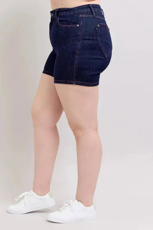 Judy Blue Jeans - Plus Size High Waist Heart Shaped Pockets Denim Shorts with Red Contrast Thread