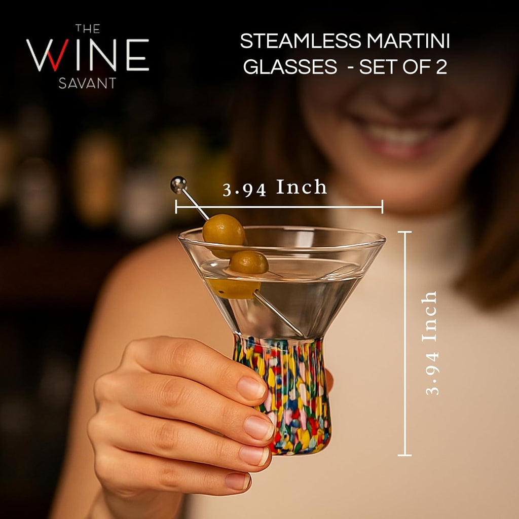 The Wine Savant Stemless Martini Glasses Hand Blown Mexican Confetti Design Colorful Glass Drinkware - Set of 2 Clear