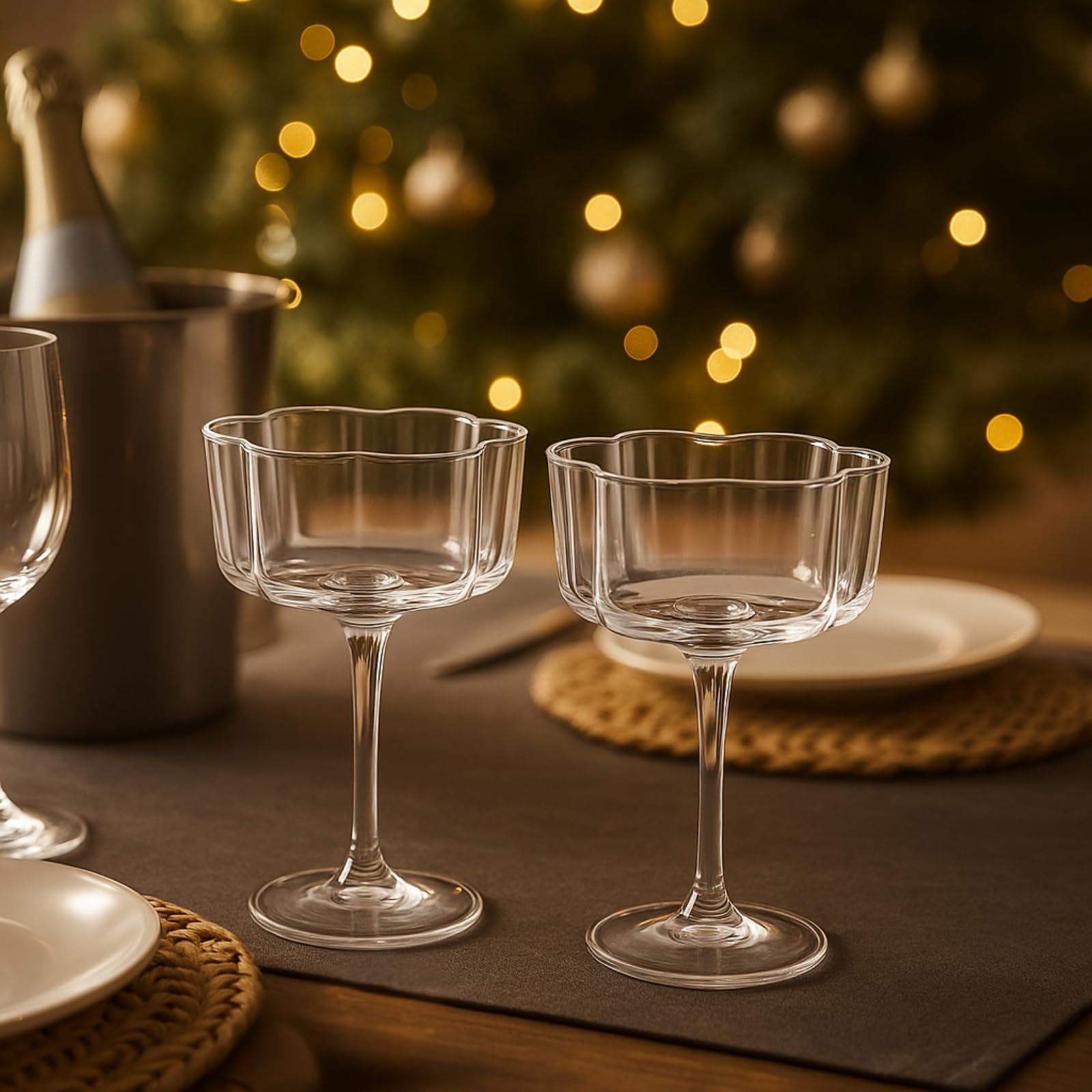 Flower Wave Coupe Cocktail Colored Glass | Set of 2 | Clear