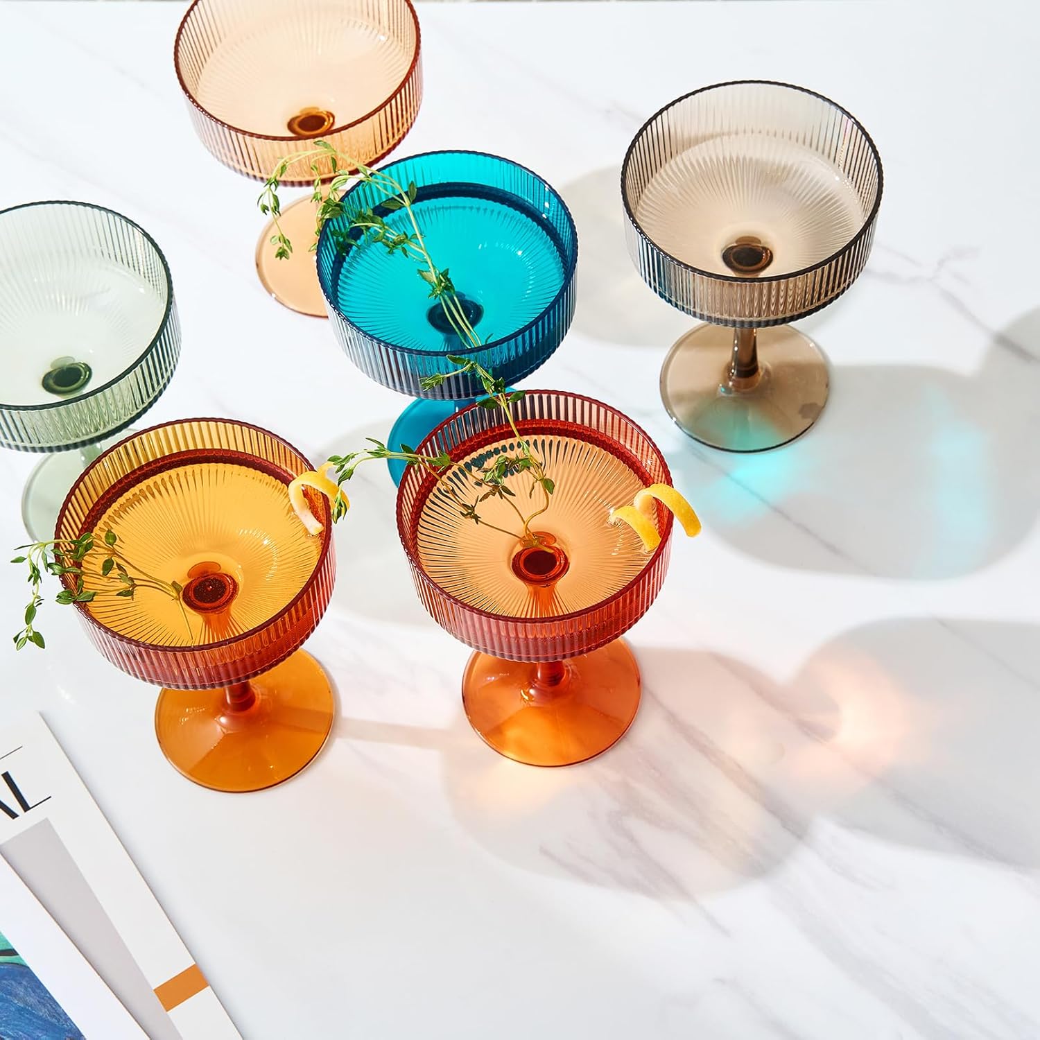 Shatterproof Acrylic Ribbed Vintage Art Deco Martini, Champagne & Cocktail Muted Color Plastic Tritan Coupe Glasses | Set of 6 | 8 oz Ripple Glassware Classic Cocktail Indoor & Outdoor, European Style