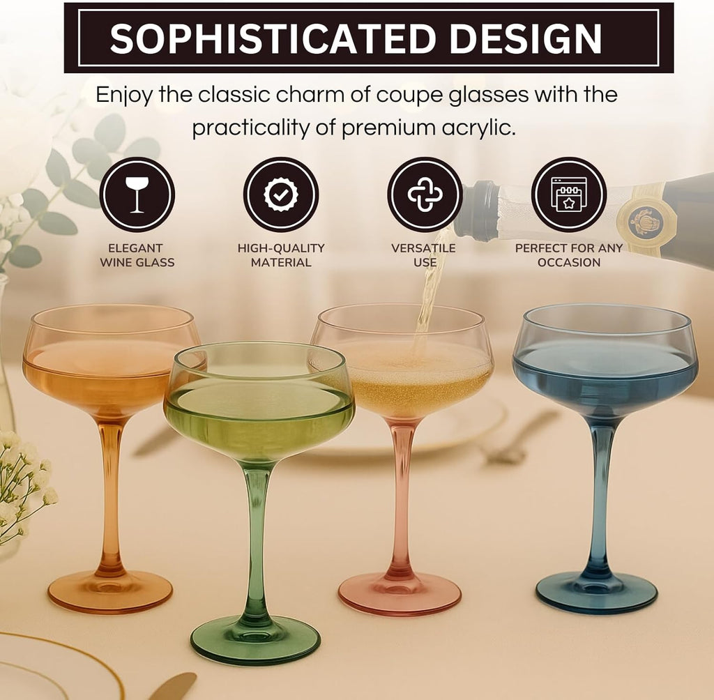 Khen Colored Acrylic Coupe Glasses – Set of 4 Stemmed 8 oz Cocktail Glasses in Muted Tones – Shatterproof, Reusable Drinkware for Martinis, Champagne, and Special Occasions