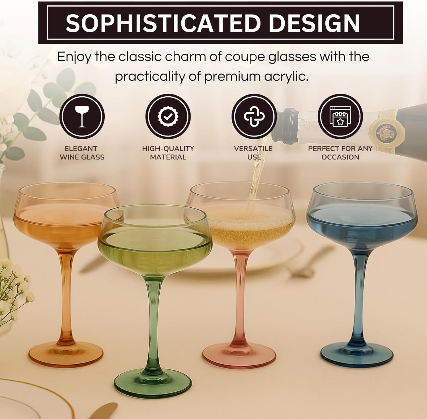 Khen Colored Acrylic Coupe Glasses – Set of 4 Stemmed 8 oz Cocktail Glasses in Muted Tones – Shatterproof, Reusable Drinkware for Martinis, Champagne, and Special Occasions