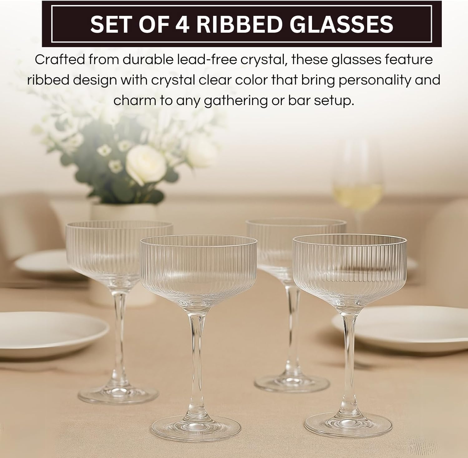Ribbed Coupe Glasses Set Crystal Bar Drinkware Vintage Style Cocktail Martini Champagne Glassware – 10oz Clear