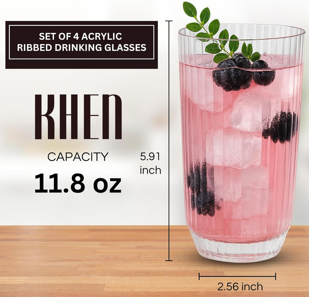Khen Shatterproof Ribbed Drinking Glasses – Set of 4 Clear 12oz Tritan Tumblers, European Style Acrylic Drinkware – Durable, BPA-Free, Dishwasher Safe, Stackable & Unbreakable Plastic Cups