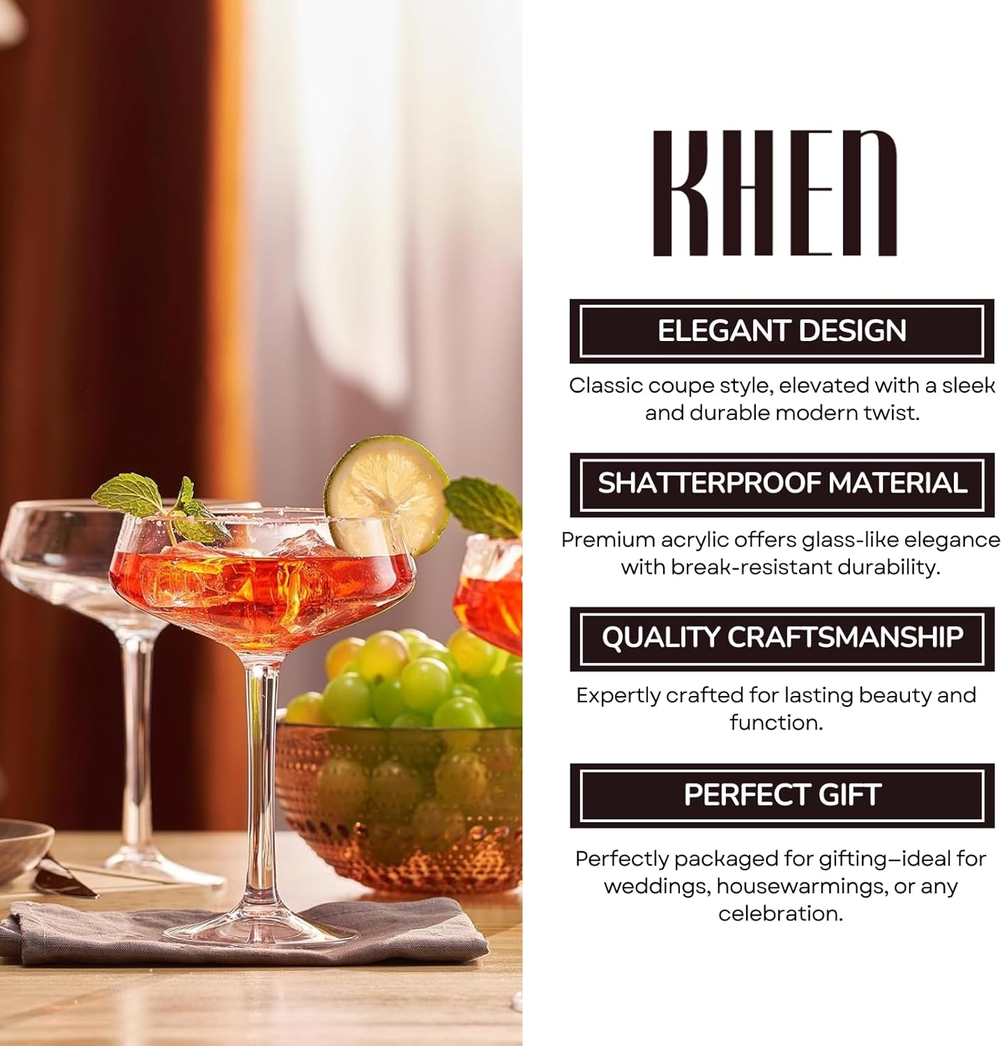 Khen Acrylic Coupe Glasses – Set of 4 Stemmed 8 oz Clear Cocktail Glasses – Durable, Shatterproof Drinkware for Martinis, Champagne, Cocktails & More – Elegant Reusable Barware