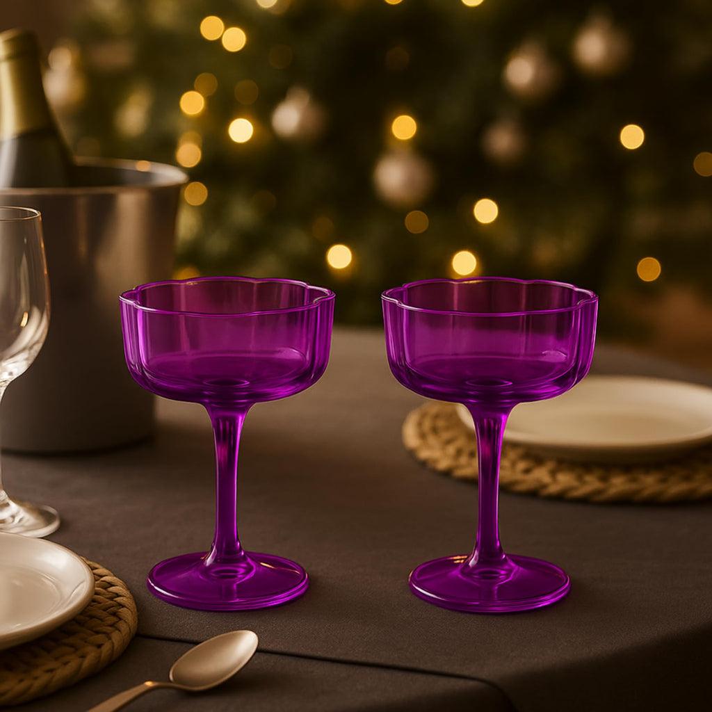Flower Wave Coupe Cocktail Colored Glasses | Set of 2 | Amethyst Purple