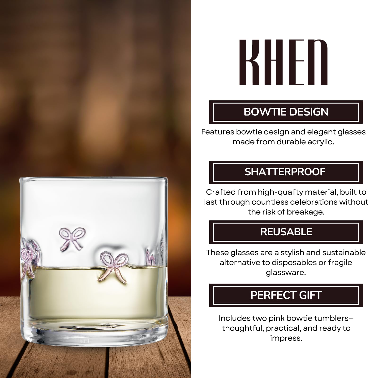 Khen Bowtie Tumblers Set Stylish Break Resistant Acrylic Drinkware for Cocktail Wedding Gift Use - Set of 2 Pink