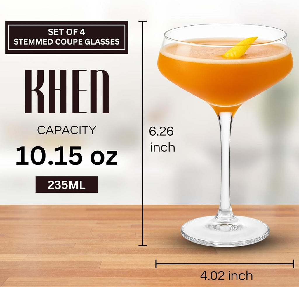 Khen Acrylic Coupe Glasses – Set of 4 Stemmed 8 oz Clear Cocktail Glasses – Durable, Shatterproof Drinkware for Martinis, Champagne, Cocktails & More – Elegant Reusable Barware
