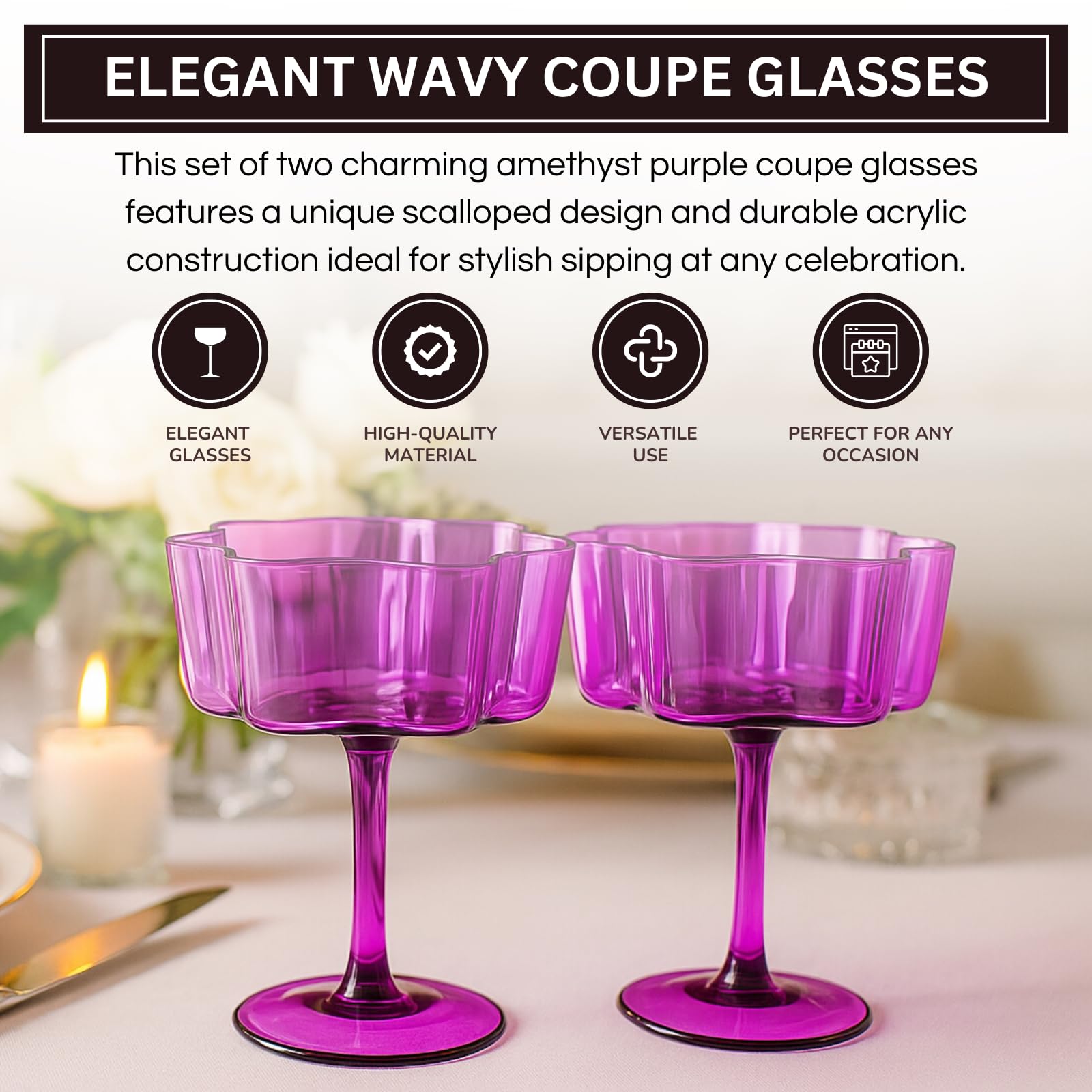 Flower Wave Coupe Cocktail Colored Glasses | Set of 2 | Amethyst Purple