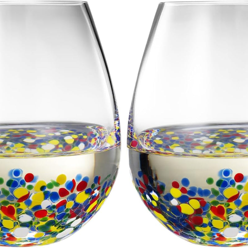 The Wine Savant Mexican Wine Glasses Hand Blown Confetti Rock Artistic Break Resistant Glass Drinkware - Clear