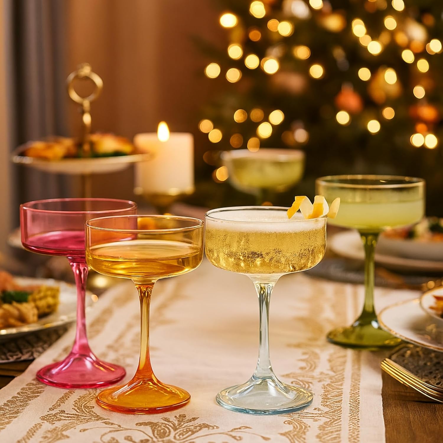 Khen Champagne Coupes Morgan Set Vibrant Stemware Drinkware for Parties - Set of 4 Multicolor