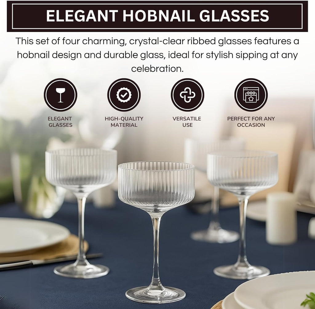 Ribbed Coupe Glasses Set Crystal Bar Drinkware Vintage Style Cocktail Martini Champagne Glassware – 10oz Clear