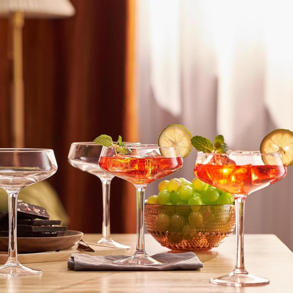 Khen Acrylic Coupe Glasses – Set of 4 Stemmed 8 oz Clear Cocktail Glasses – Durable, Shatterproof Drinkware for Martinis, Champagne, Cocktails & More – Elegant Reusable Barware