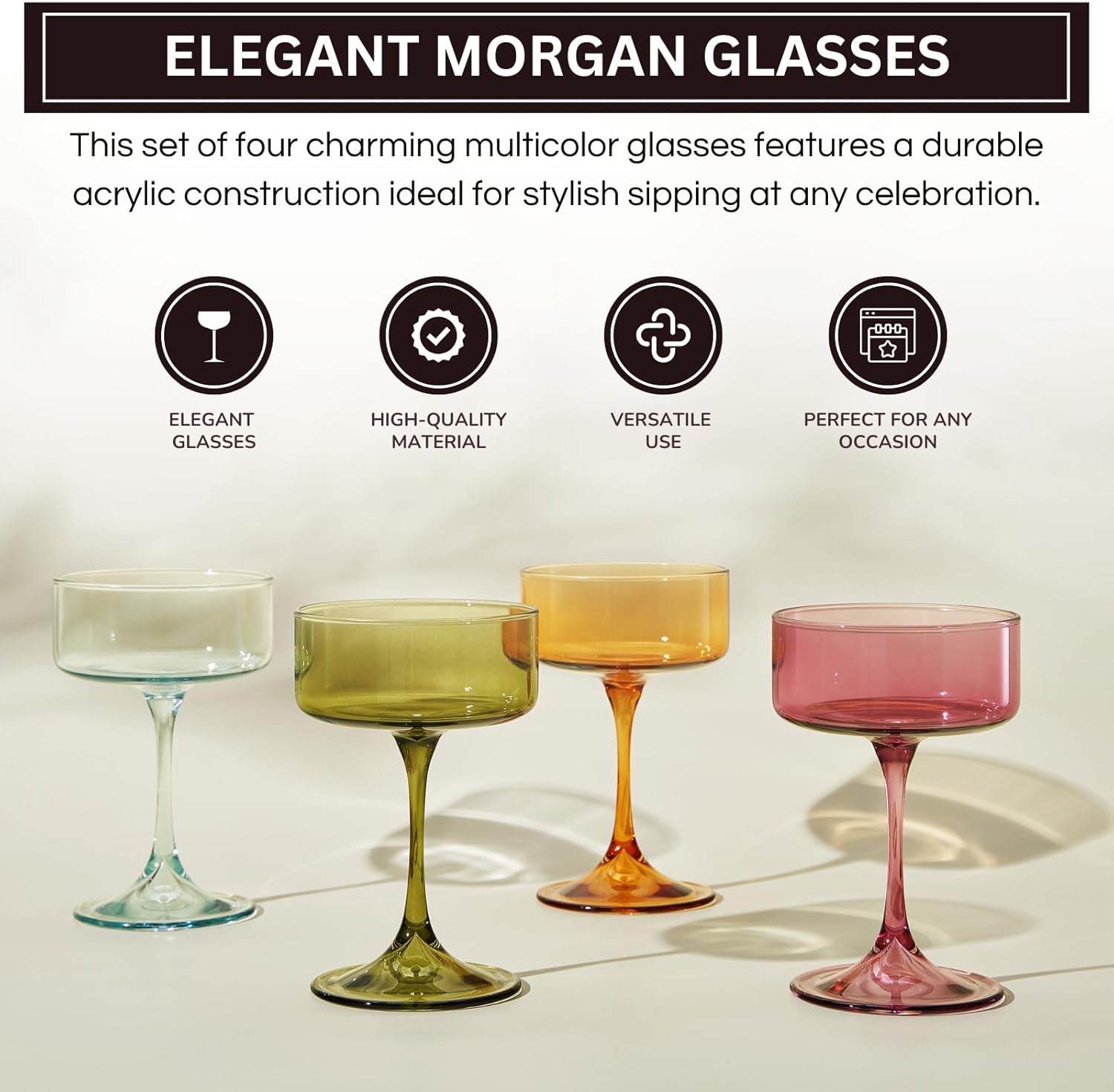 Khen Champagne Coupes Morgan Set Vibrant Stemware Drinkware for Parties - Set of 4 Multicolor