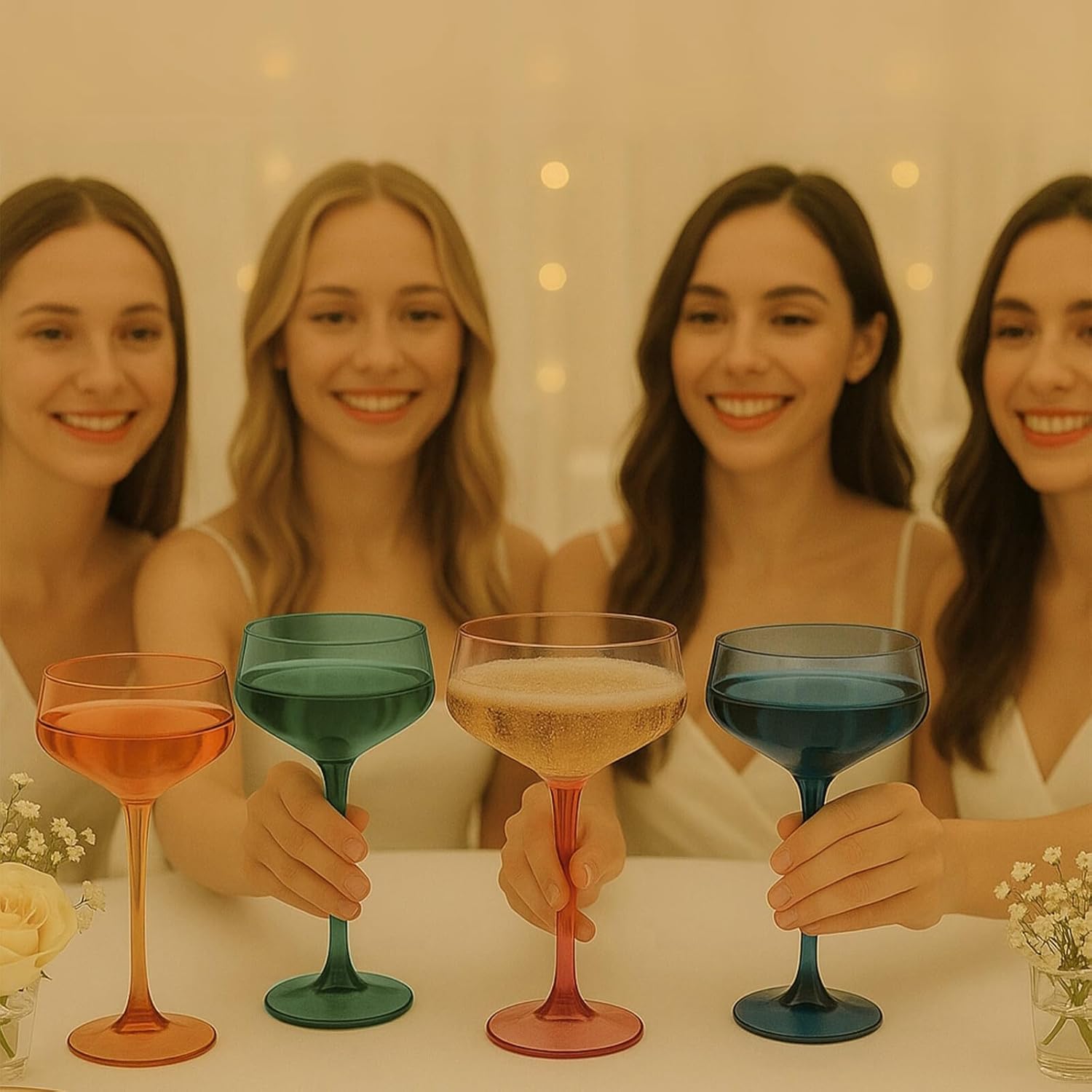 Khen Colored Acrylic Coupe Glasses – Set of 4 Stemmed 8 oz Cocktail Glasses in Muted Tones – Shatterproof, Reusable Drinkware for Martinis, Champagne, and Special Occasions