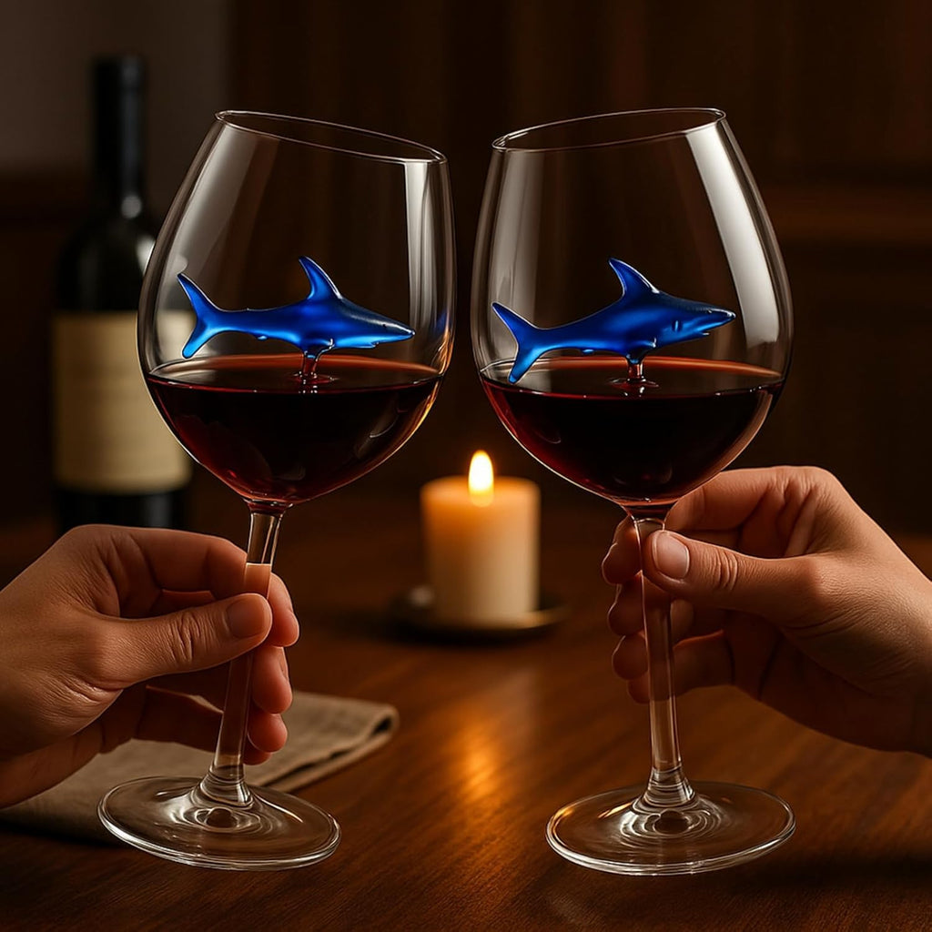 Shark-Inspired Wine Glasses Set of 2 – 13oz Stemmed Red & White Wine Glass with 3D Shark Inside – Unique Glassware Gift for Men, Dad, or Host