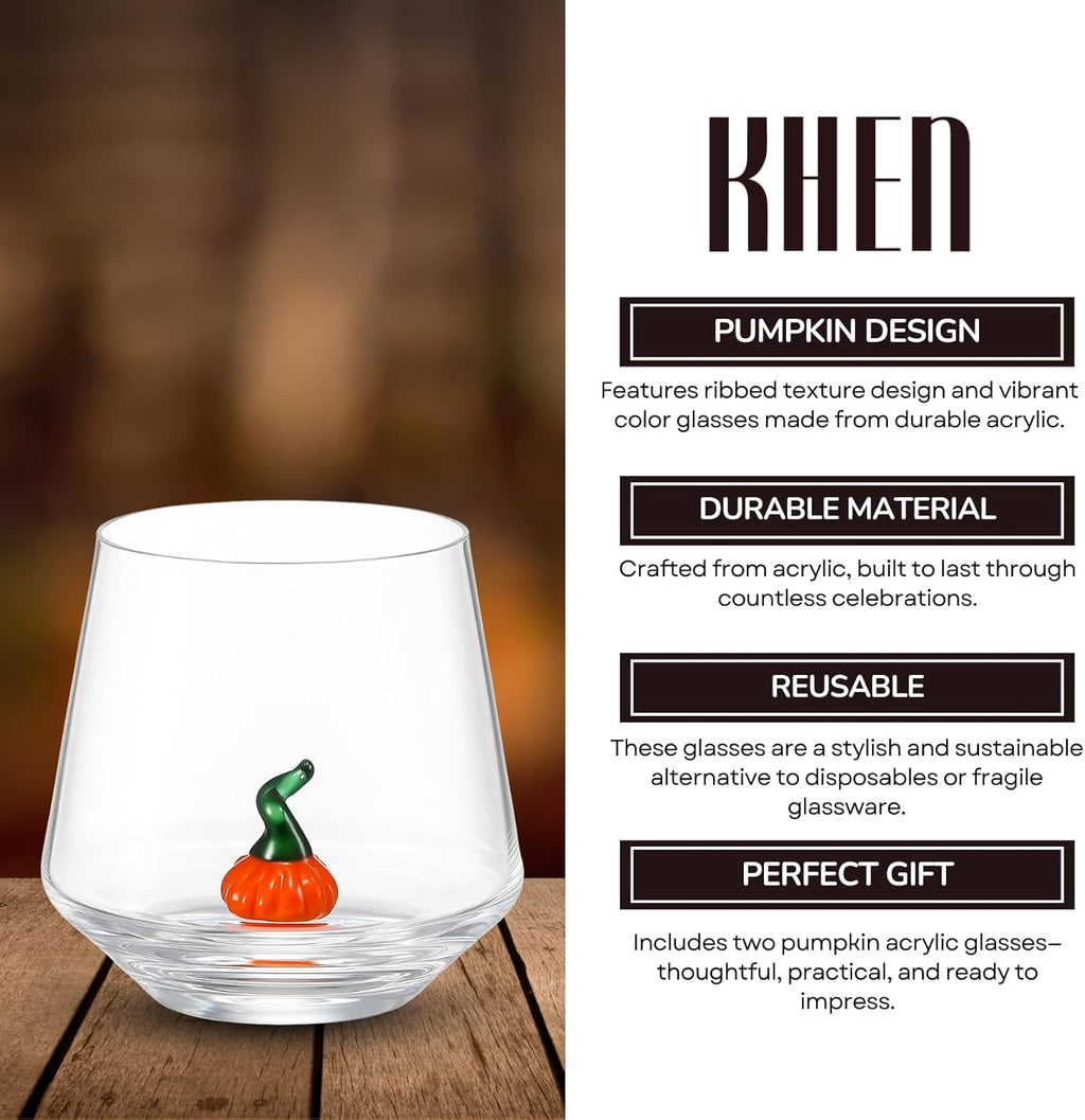 Khen Pumpkin Glass Set Fall Drinkware Decorative Break Resistant Tumbler Cups Barware Holiday Gift - 12oz Clear