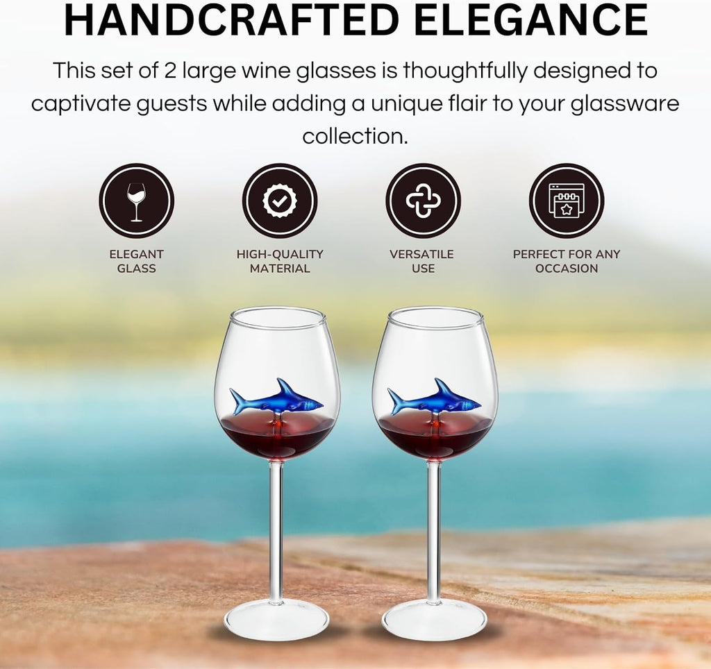 Shark-Inspired Wine Glasses Set of 2 – 13oz Stemmed Red & White Wine Glass with 3D Shark Inside – Unique Glassware Gift for Men, Dad, or Host