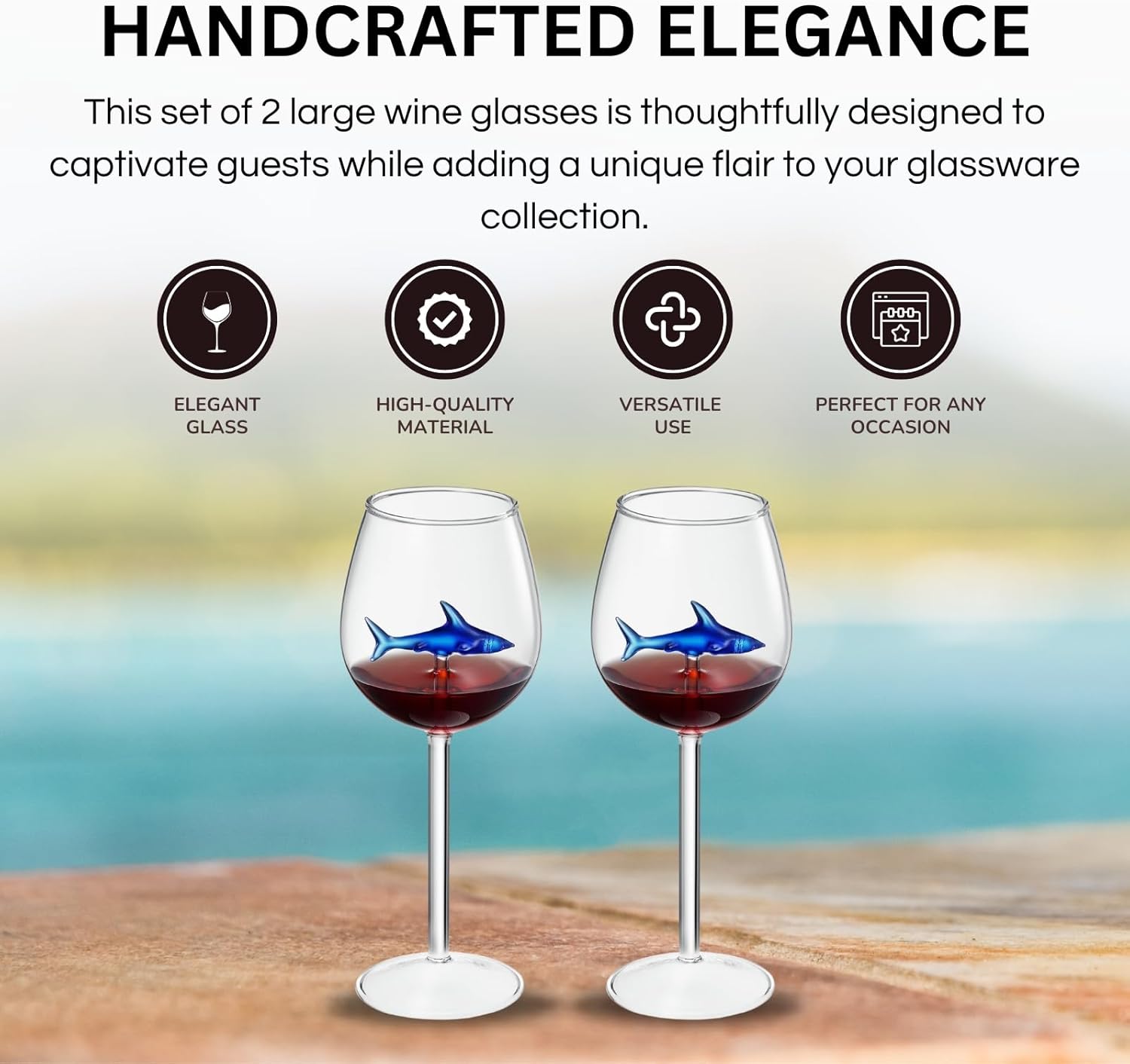 Shark-Inspired Wine Glasses Set of 2 – 13oz Stemmed Red & White Wine Glass with 3D Shark Inside – Unique Glassware Gift for Men, Dad, or Host