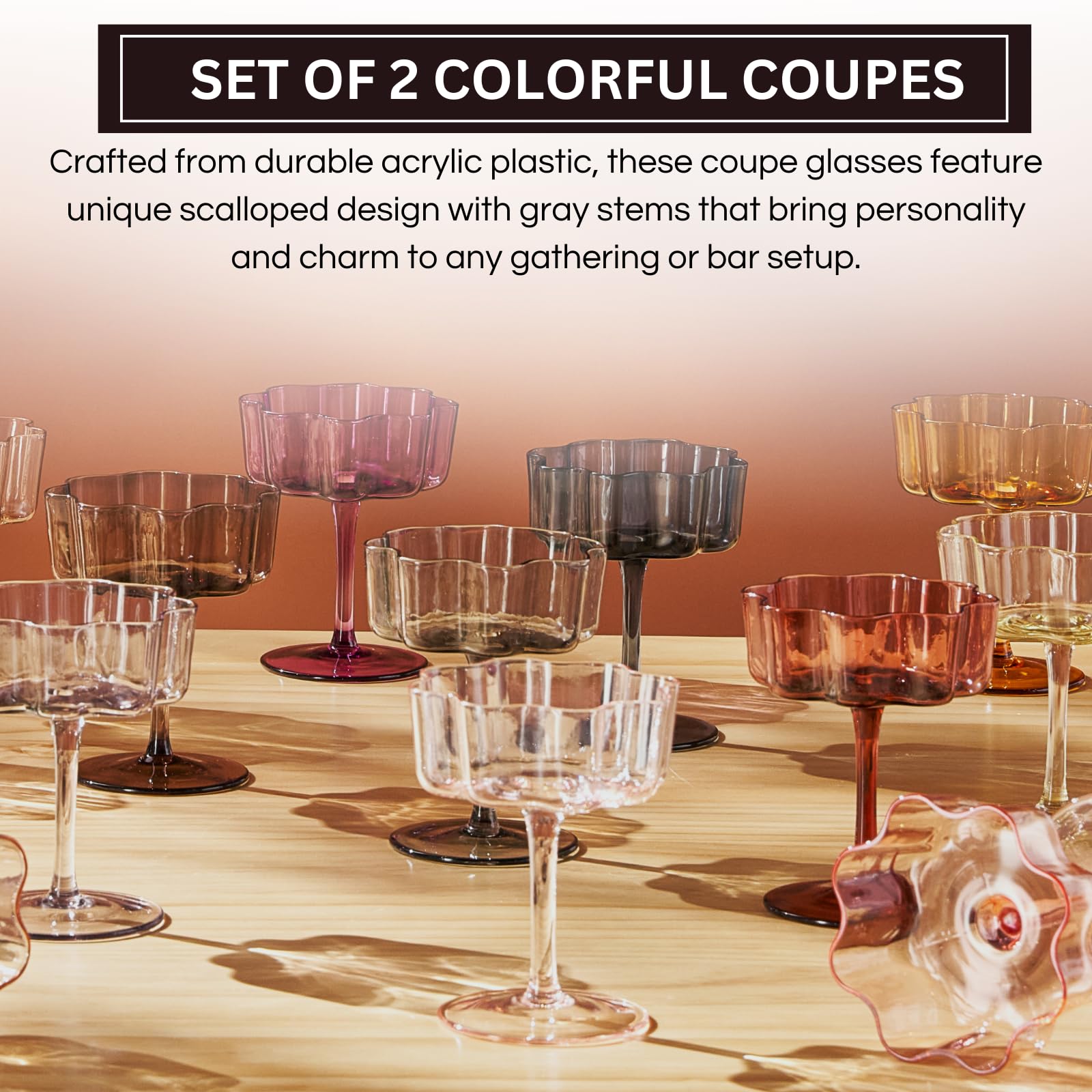 Flower Wave Coupe Cocktail Colored Glasses | Set of 2 | Grey