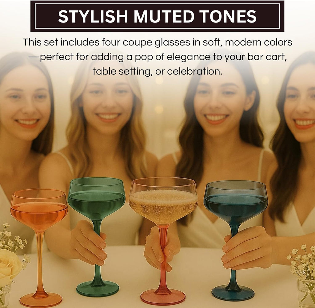 Khen Colored Acrylic Coupe Glasses – Set of 4 Stemmed 8 oz Cocktail Glasses in Muted Tones – Shatterproof, Reusable Drinkware for Martinis, Champagne, and Special Occasions