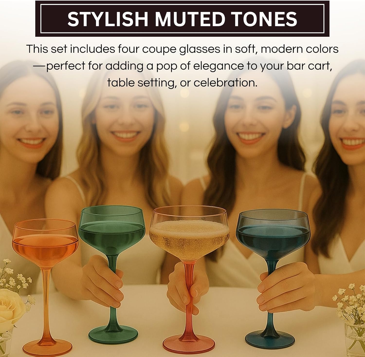 Khen Colored Acrylic Coupe Glasses – Set of 4 Stemmed 8 oz Cocktail Glasses in Muted Tones – Shatterproof, Reusable Drinkware for Martinis, Champagne, and Special Occasions