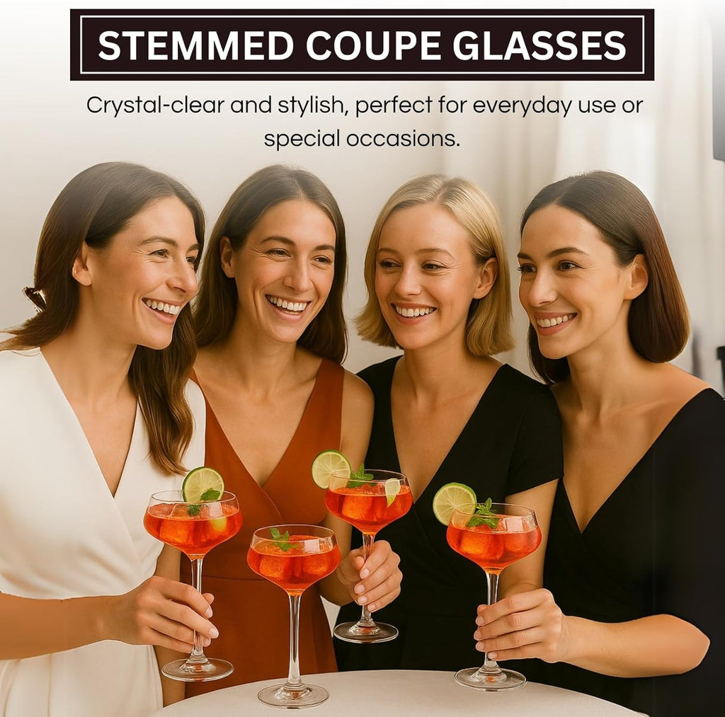 Khen Acrylic Coupe Glasses – Set of 4 Stemmed 8 oz Clear Cocktail Glasses – Durable, Shatterproof Drinkware for Martinis, Champagne, Cocktails & More – Elegant Reusable Barware