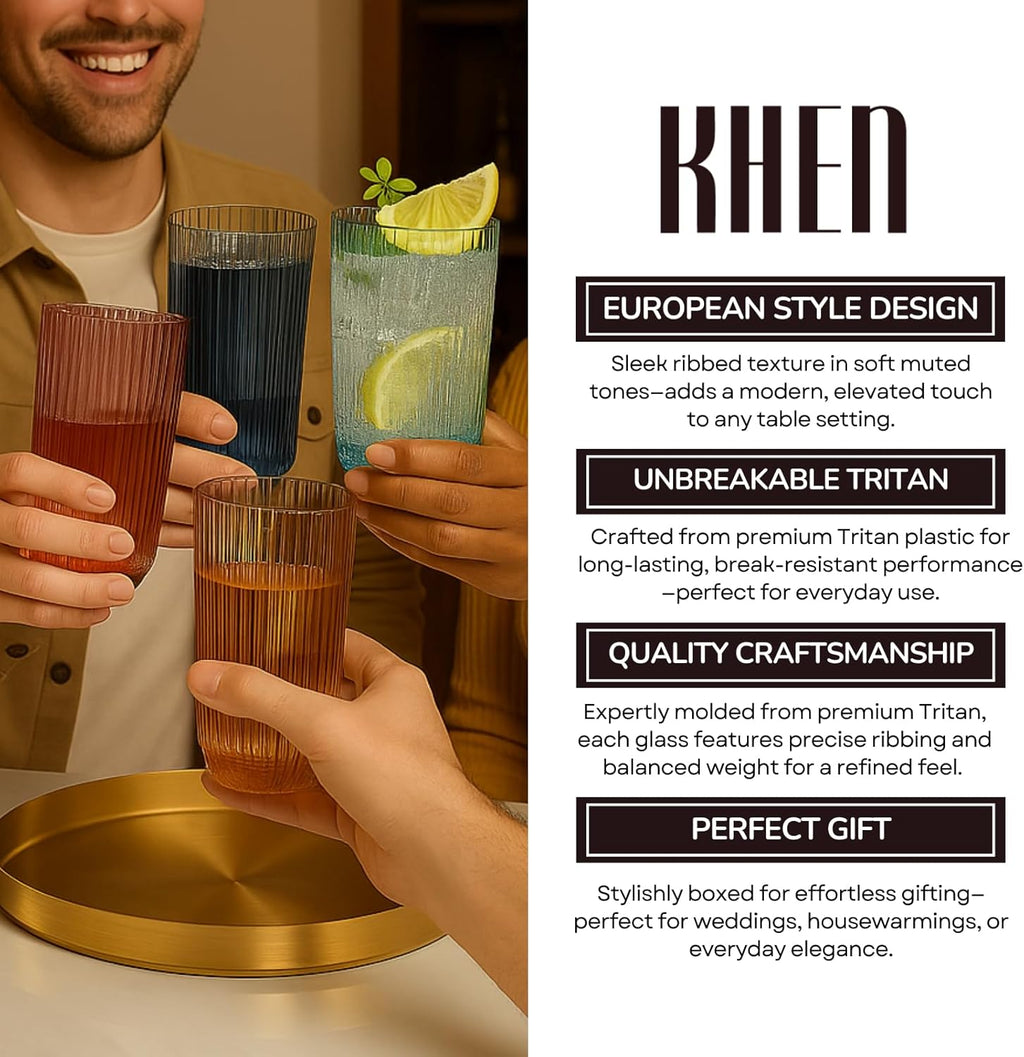 Khen Shatterproof Acrylic Ribbed Drinking Glasses Set, European Style, Dishwasher Safe, Tall | Set of 4 | Muted Tritan Drinkware, Unbreakable BPA-free Plastic, Reusable Stackable Glassware - 12OZ