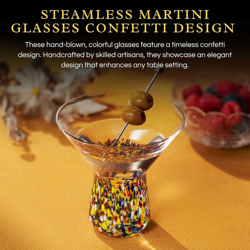 The Wine Savant Stemless Martini Glasses Hand Blown Mexican Confetti Design Colorful Glass Drinkware - Set of 2 Clear