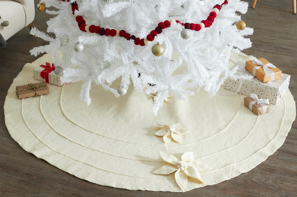 Poinsettia Buttons Cream Hand Felted Wool XL Christmas Tree Skirt 72" Arcadia Home