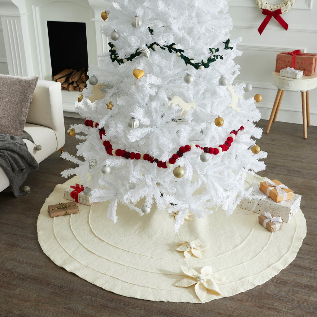 Poinsettia Buttons Cream Hand Felted Wool XL Christmas Tree Skirt 72" Arcadia Home