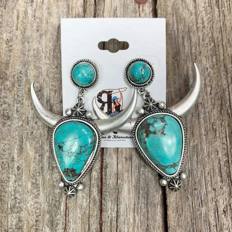 Western Cow Head Turquoise Statement Earrings